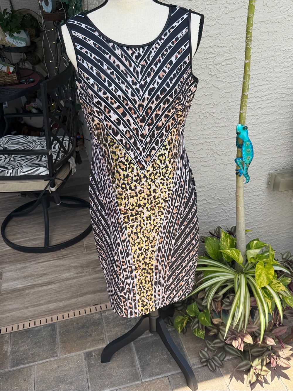 Thalia Sodi Black, White & Tan Leopard Mixed-Print Midi Dress